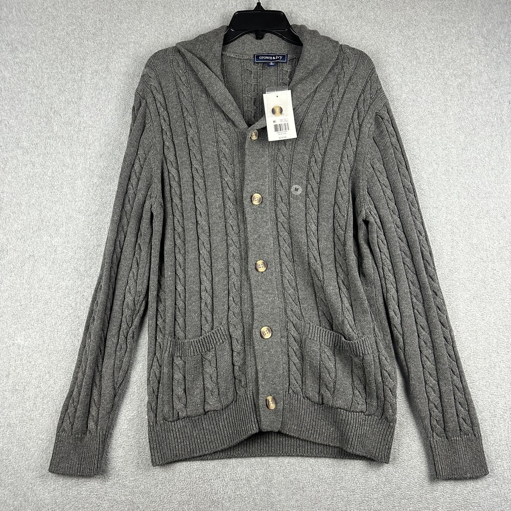 Crown & Ivy Sweater Cardigan Mens Medium Gray Shawl Collar Cable Knit Pockets